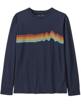 Patagonia Navy Long Sleeve Tee Sunset Stripe Graphic Kids organic Cotton XL/14